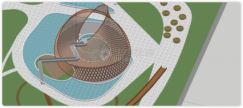 木制网纹造型喷泉绿化带su模型-图二