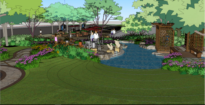 带小池塘公园景观建筑规划设计su模型_图1