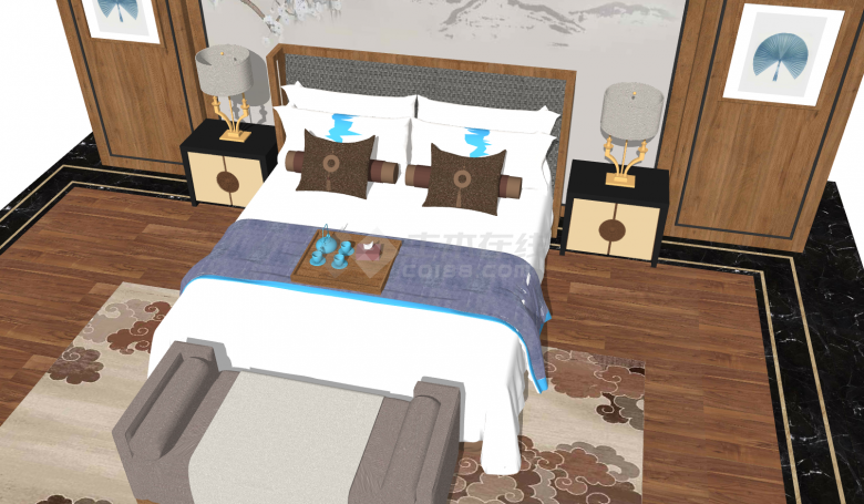 新中式双人床床头柜床尾凳组合su模型-图二