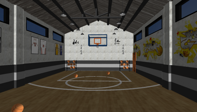 小型室内篮球场全景su模型_图1
