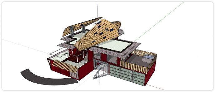 酒红色集装箱两层扇形木造型屋顶su模型_图1