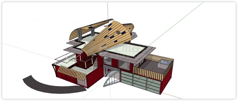 酒红色集装箱两层扇形木造型屋顶su模型-图一