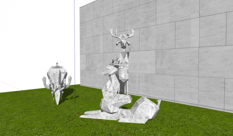 几何块面三只小鹿石雕动物雕塑su模型-图二