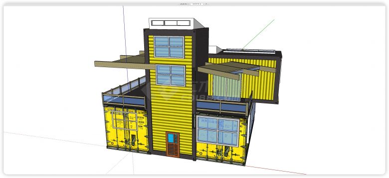 黄色两层集装箱带露台别墅su模型-图二