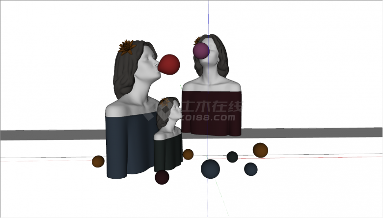 现代三个女孩吹气球雕塑su模型-图二
