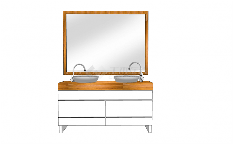 双台盆+大面积镜子木质边框和木质台面+白色收纳柜洗漱台su模型-图二