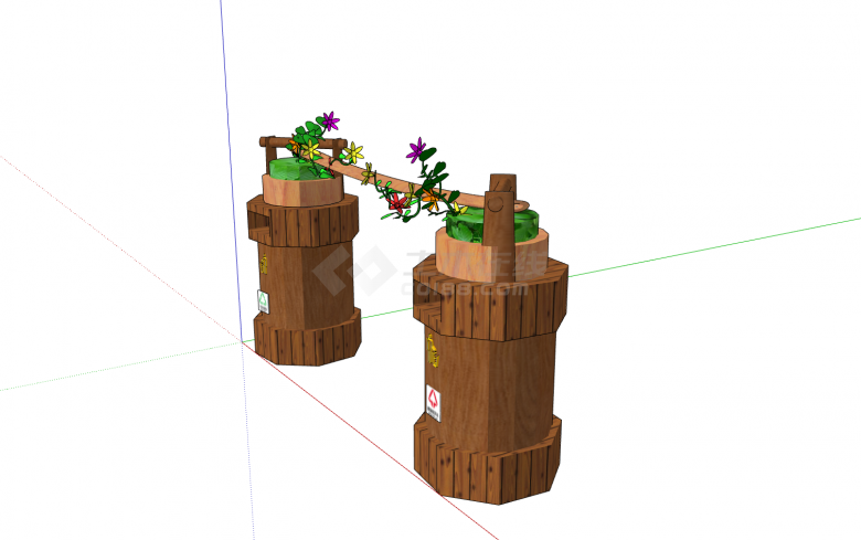 木质双水桶造型花藤缠绕中式垃圾桶su模型-图二