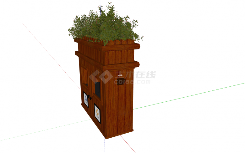 木质顶部带花卉种植的中式垃圾桶su模型-图二