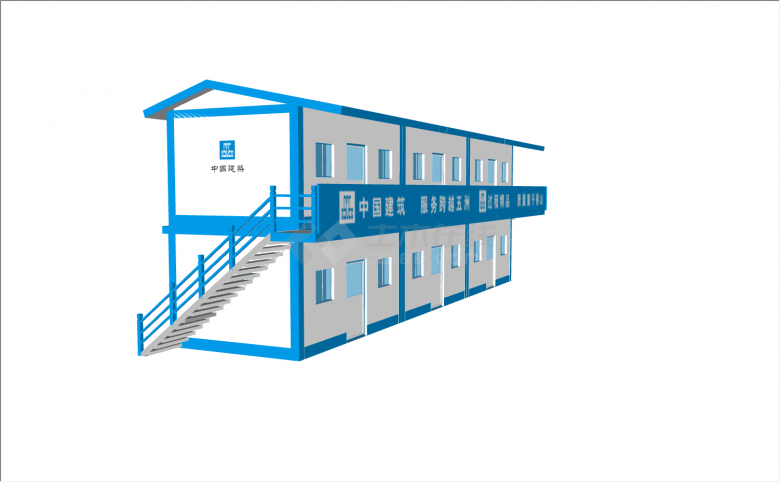 2层3个主体建筑组合蓝色瓦钢板屋顶有中国建筑标语的活动板房 su模型-图二