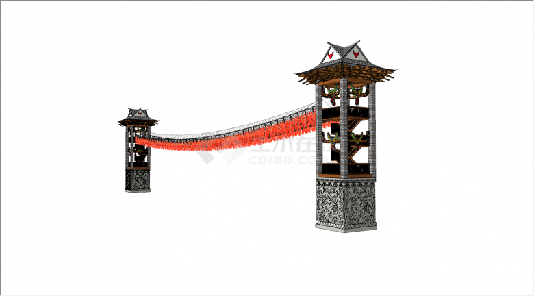 两个对称瞭望塔吊桥建筑物su模型-图一