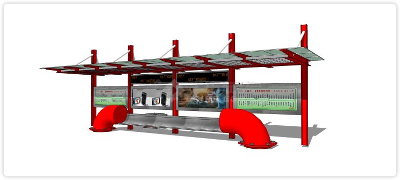红色钢结构水管造型座椅现代公交车站su模型-图一