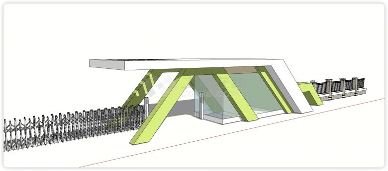果绿色主体玻璃屋接待室厂区学校大门入口su模型-图二
