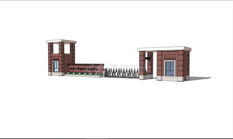 棕色建筑带有白色顶子的厂区学校大门入口 su模型-图二