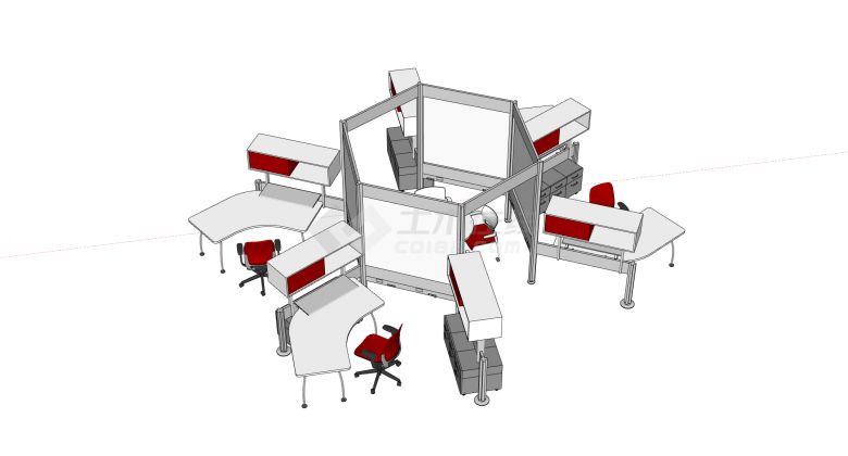 六边形办公空间中心会议室白色办公桌su模型-图二