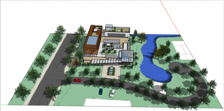 绿树环绕的楼顶带游泳池的现代民宿别墅SU模型-图二