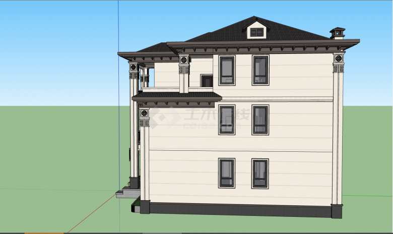 一栋棕色的楼顶白色的楼体的民宿别墅su模型-图二