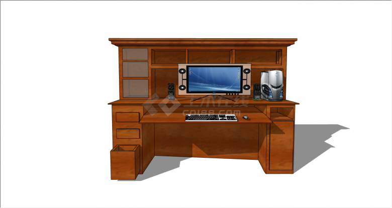 中式复古棕色经典家用电脑桌su模型-图二