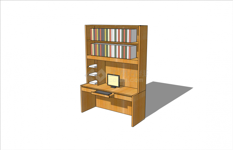 简约木制带书架现代书桌su模型-图二