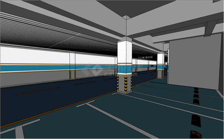 蓝色地面白色搭配小面积蓝色和一条黄色墙面室内停车场su模型-图二