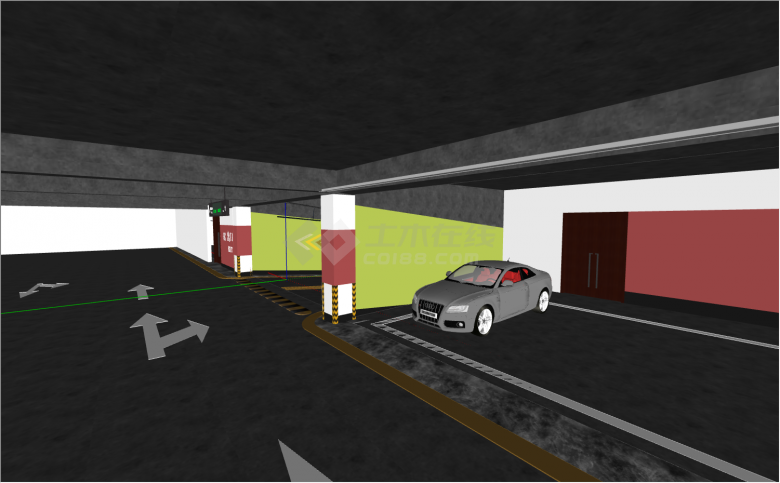 墙面标有箭头指明行车方向，顶上有显示屏显示空余停车位置数量的室内停车场su模型-图二