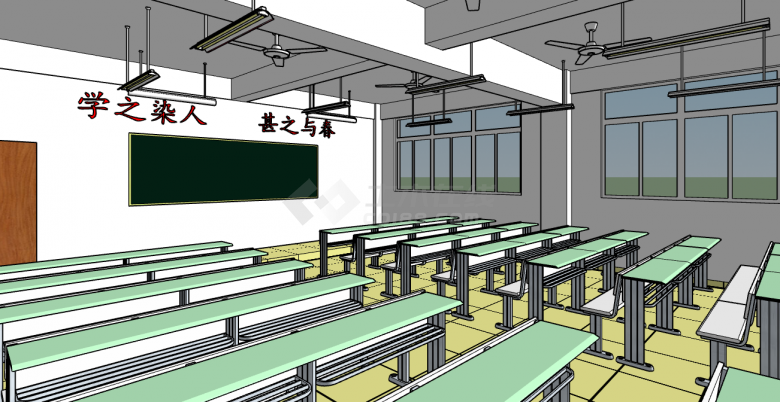 绿色桌子白墙教室su模型-图一