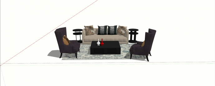 条纹布艺一字型沙发su模型_图1