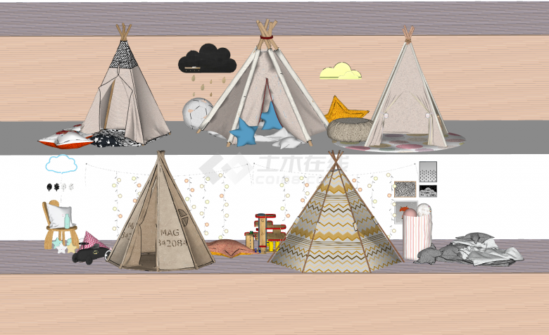 儿童印第安风格露营帐篷su模型-图一