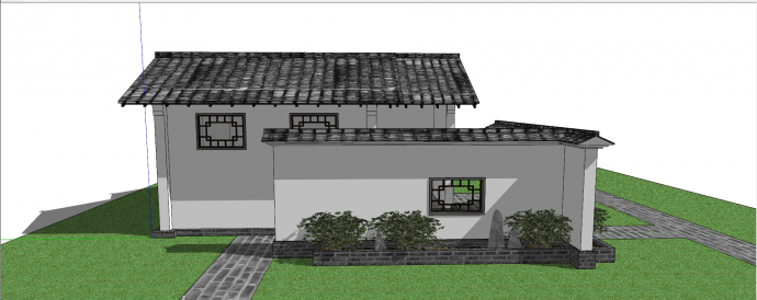 中式乡村园林黑瓦白墙公共卫生间su模型_图1