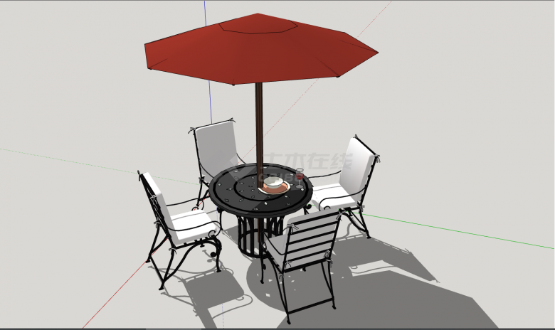 带有红色遮阳伞的精美的室外桌椅 su模型-图一
