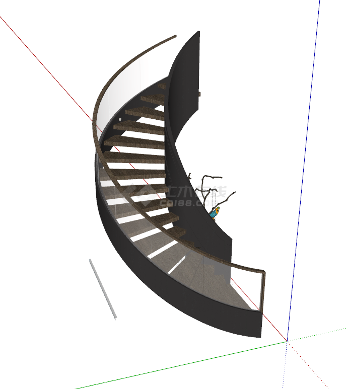 现代木制转弯上下楼梯 su模型-图二