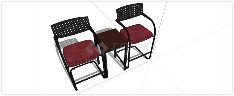 黑色铁制靠背椅红色软坐垫单椅su模型-图二