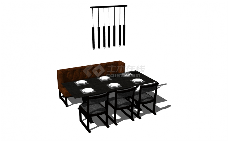 一侧棕色沙发一侧放置3把黑色餐椅搭配长方形餐桌su模型-图一
