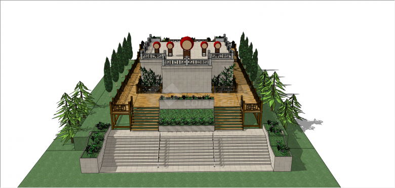 中式复古观景台建筑su模型-图二