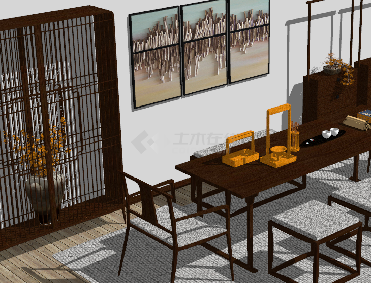 新中式画装饰品桌椅套装su模型-图二