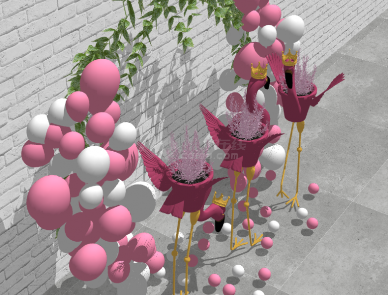 粉色精致火烈鸟雕塑 su模型-图二