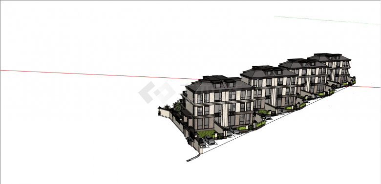 四栋带庭院带车库的联排民宿su模型-图一