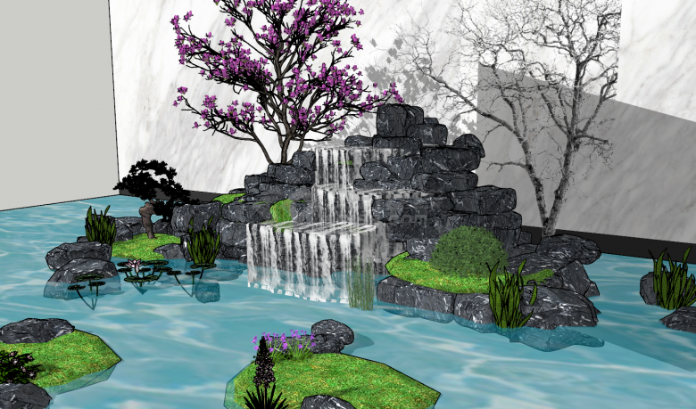 新中式公园瀑布水幕su模型-图二