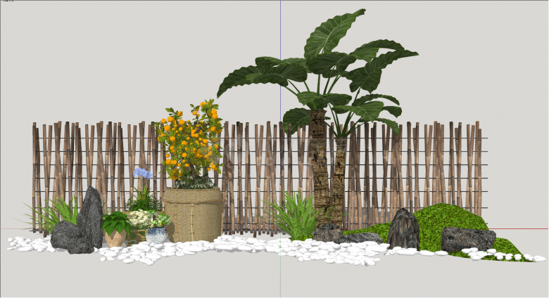 庭院篱笆景观小品带盆栽su模型-图一