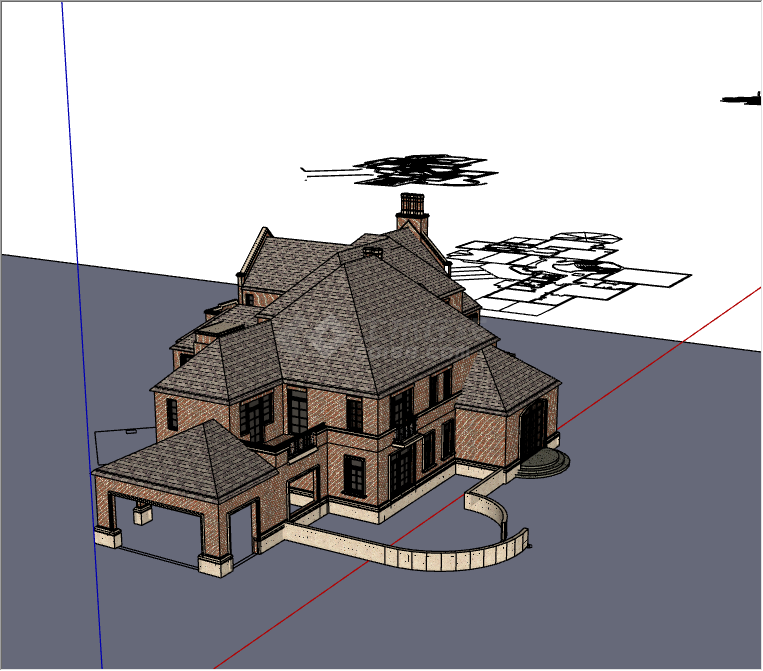 红色墙身灰色房顶的带烟筒的别墅su模型-图二