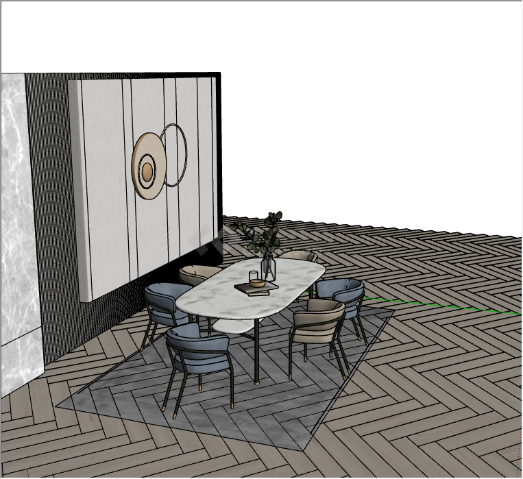 桌上摆放着绿植的墙上有圆圈状装饰的现代餐厅家具su模型-图二
