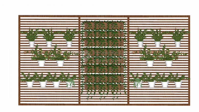 实木架上挂着 白色小盆绿栽的绿墙花架su模型-图二