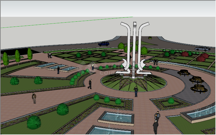 现代圆形公园中心广场喷泉su模型-图二