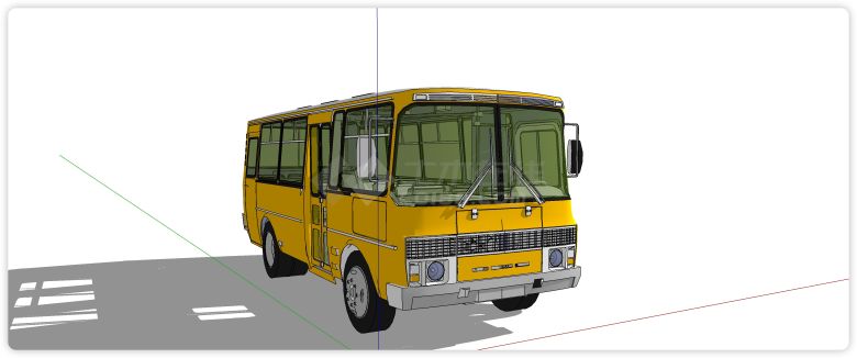 黄色四轮前后门公交车汽车su模型-图二