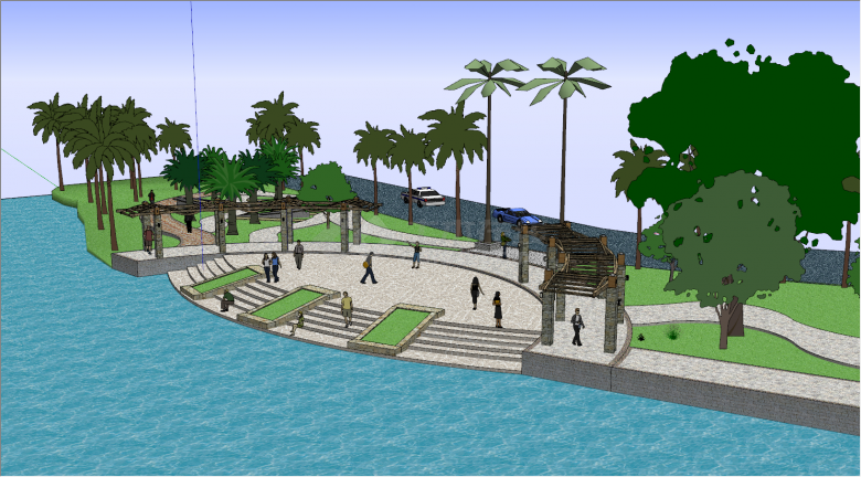 有椰子树和大海的广场公园su模型-图二