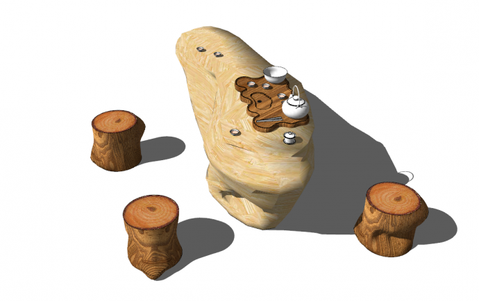 浅色系和深色系搭配的根雕茶桌茶台 su模型_图1