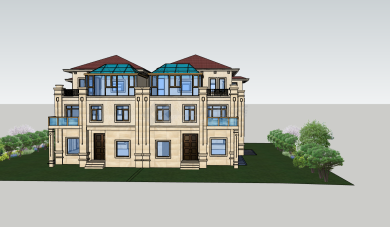 别墅三层建筑带阳台su模型-图一