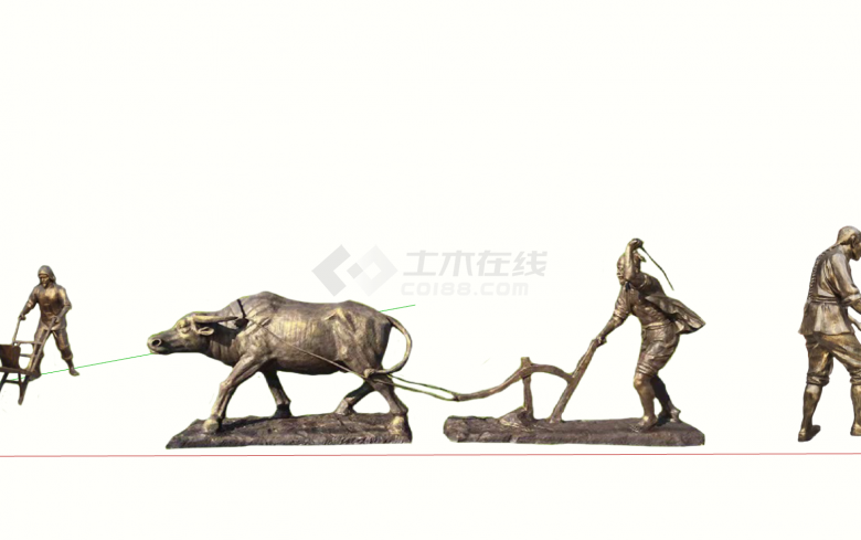 中式耕作劳动铜人雕塑小品su模型-图二
