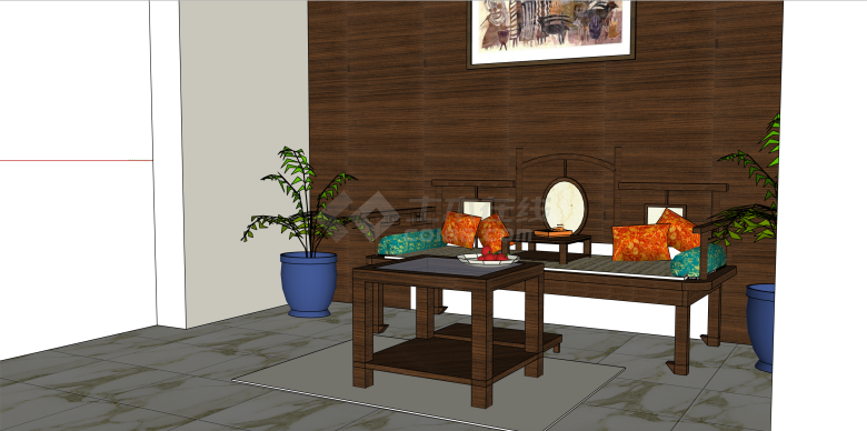 胡桃色中式家具组合su模型-图二