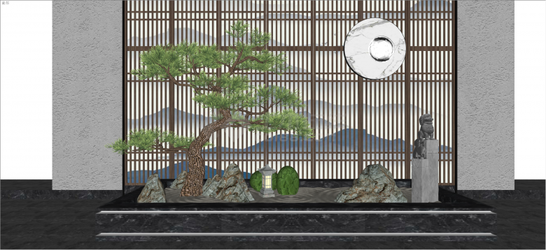 新中式庭院造型树罗汉松su模型-图二