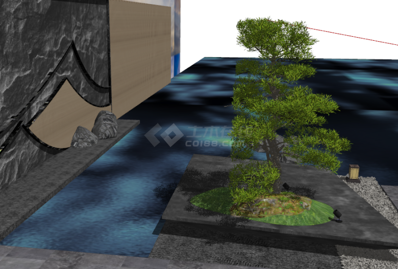 公园池水边造型树罗汉松su模型-图二